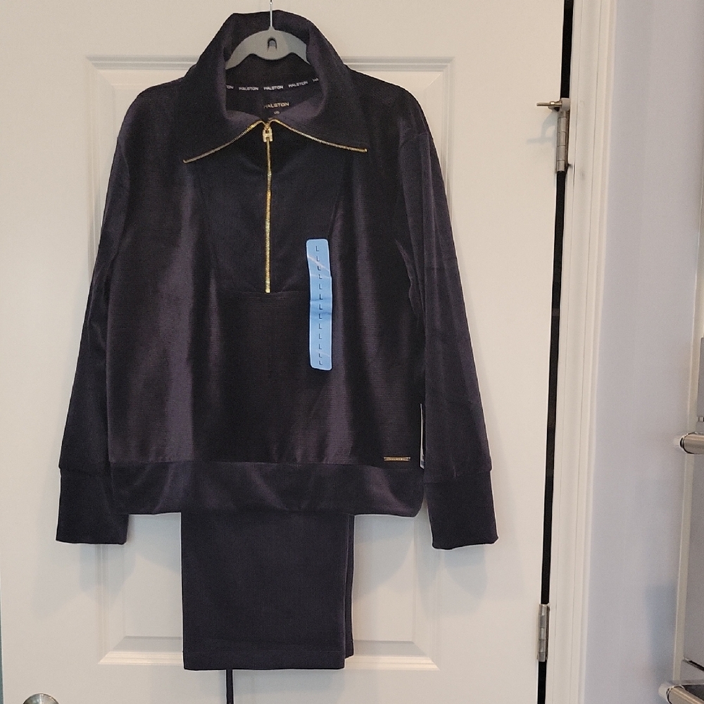 Halston 2Pc. Loungwear Set Ribbed Velour Quarter Zip/Sweatpants Lg./Med READ NWT